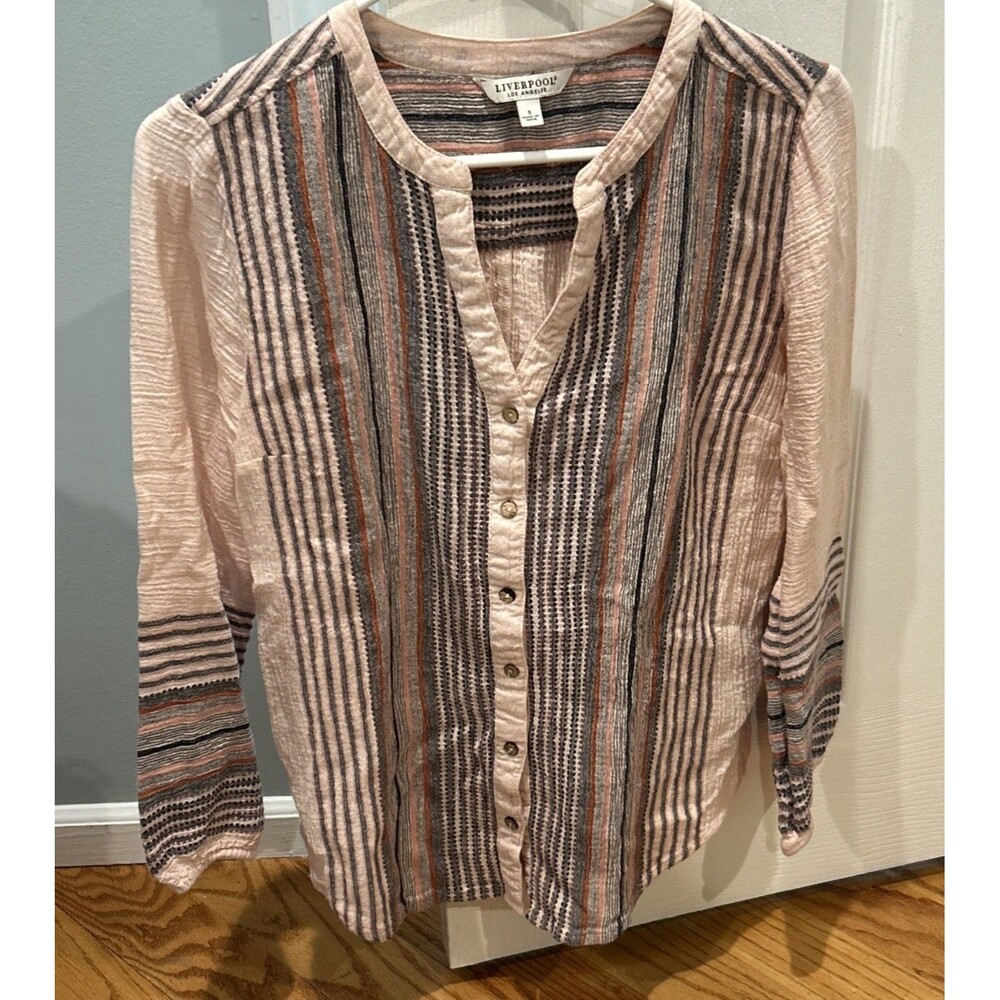 Liverpool Los Angeles Pink Gauzy Striped Button Down Long Sleeve Shirt Size S